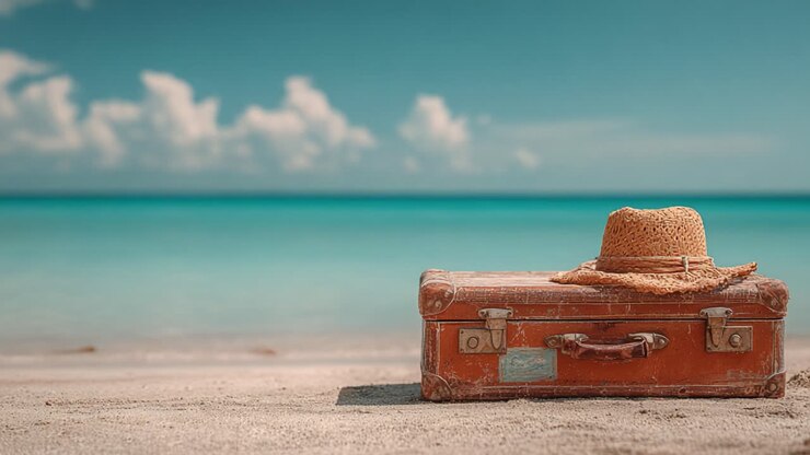 A Vintage Suitcase and Straw Hat Resting on a Serene Beach, Evoking Memories of Travels and Sunlit Days by the Turquoise Waves