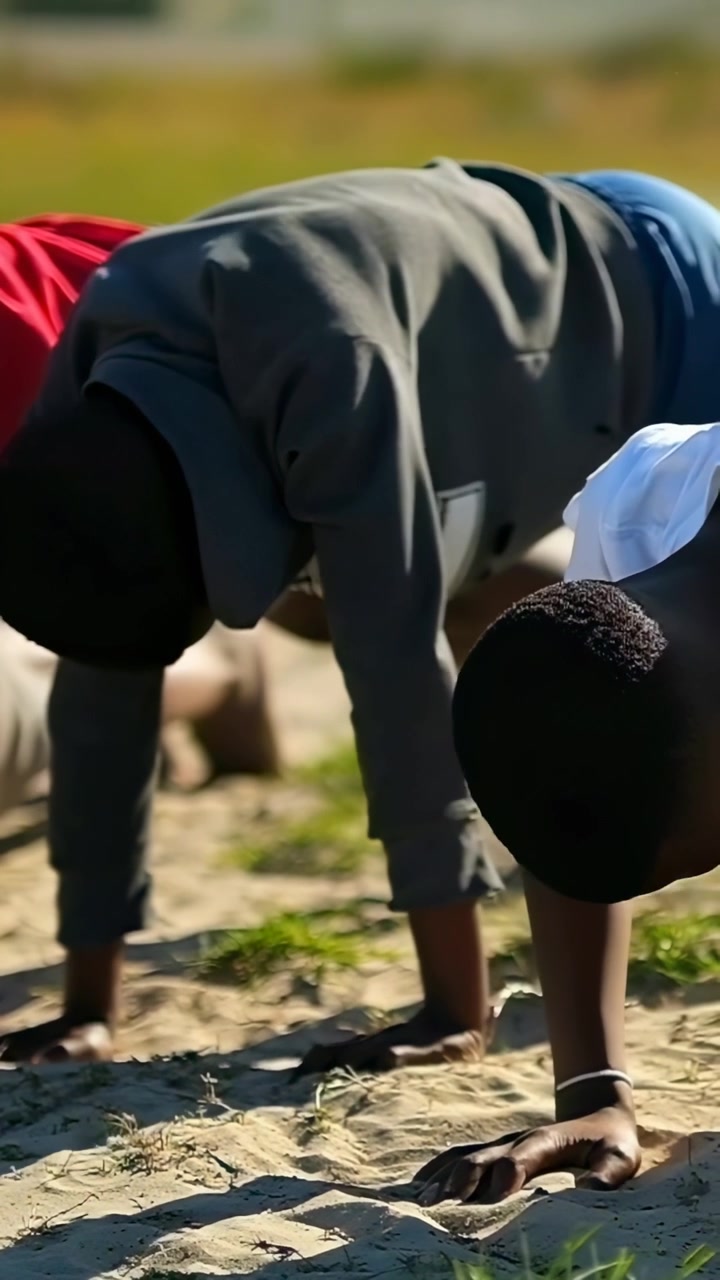 Lodret video: Par i afslappet tøj laver armbøjninger fra planke-position på et sandet område under træning i parken.