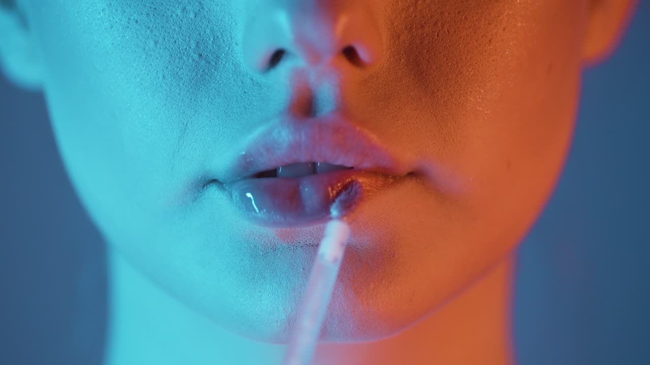 젊은 예쁜 여자가 아름다운 입술에 반 ⁇ 이는 입술 광택을 적용하면서 친구와 함께 나가거나 그녀의 얼굴에 투르코이즈 오렌지 대조와 함께 데이트를 준비하는 정적 클로즈업