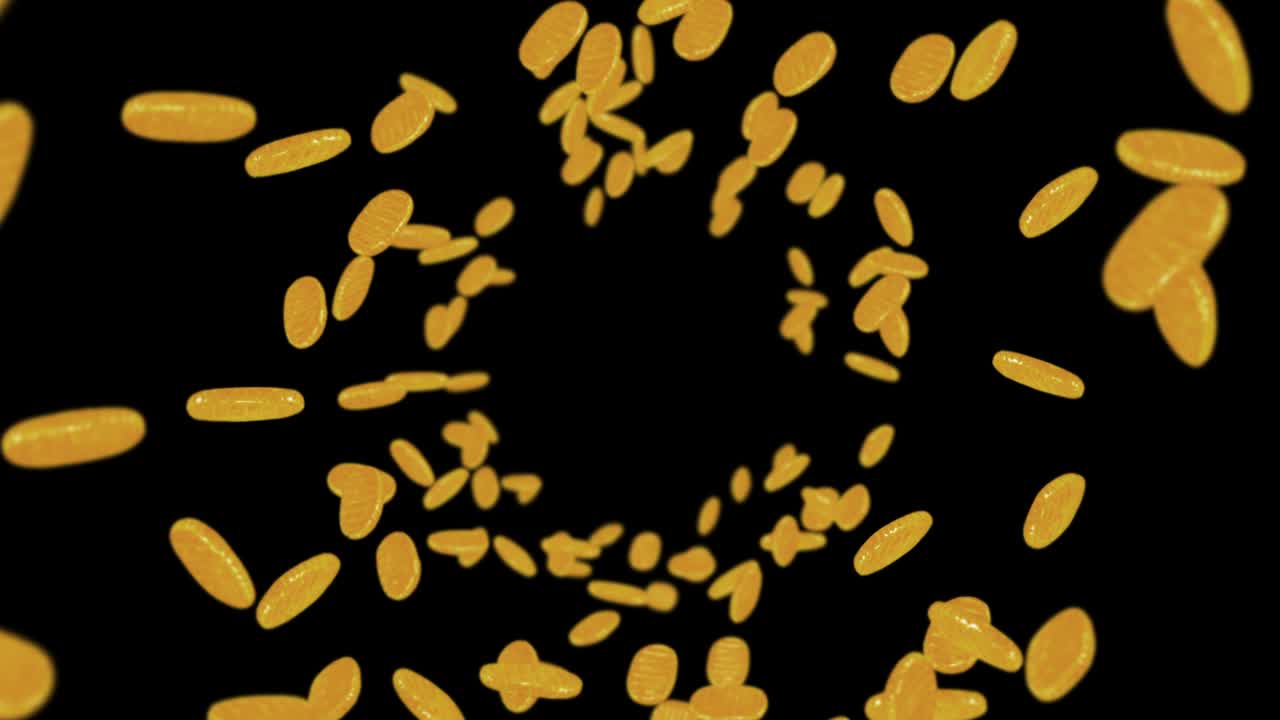 Flying many Koban coins on black background. Japanese oval golden coin. Money in Edo period. 3D animation of coin rotating. Loop animation.