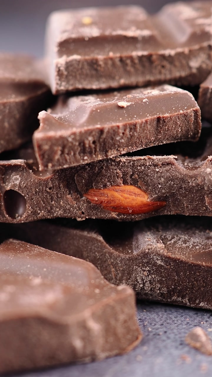 Close-up Macro Shot of Delicious Dark Chocolate with Almonds