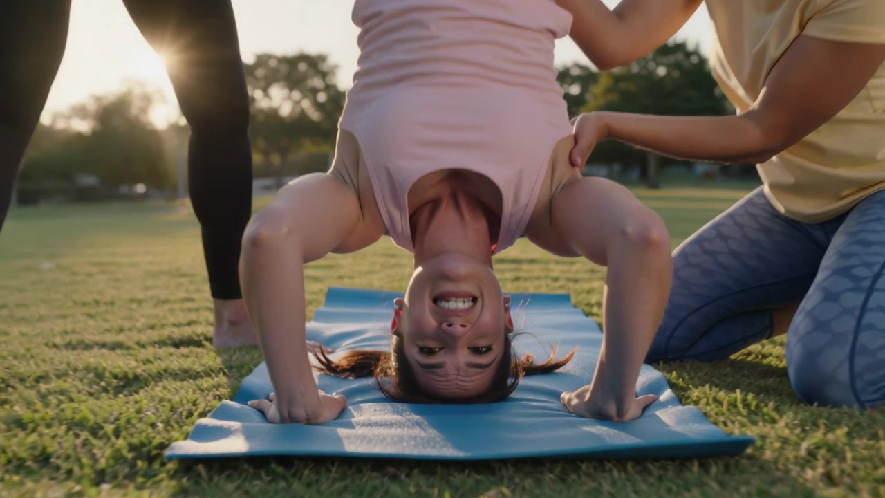 Helpers holding legs and shoulders, woman in pink top practicing headstand on blue mat on field