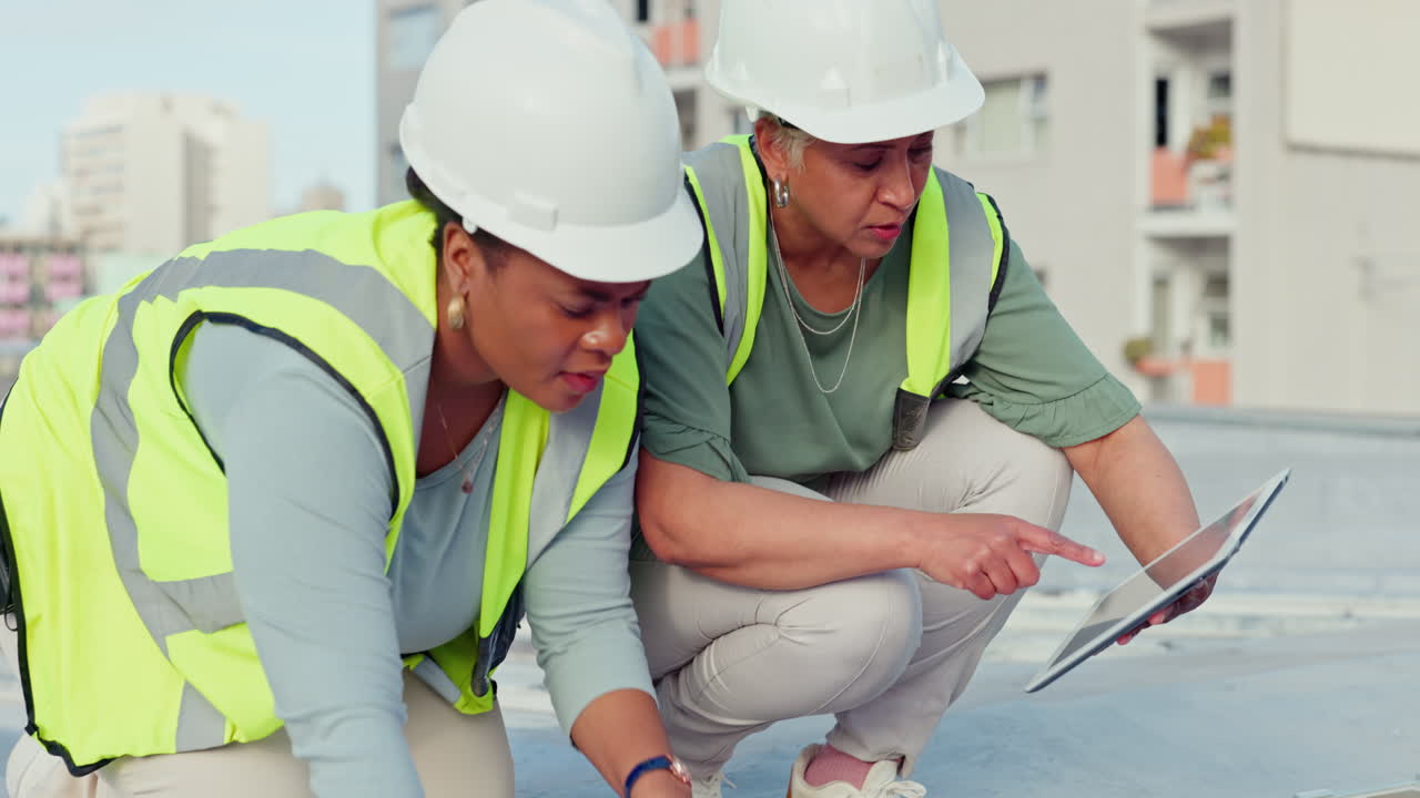 Women Construction Workers Inspecting Solar Panels on Rooftop
