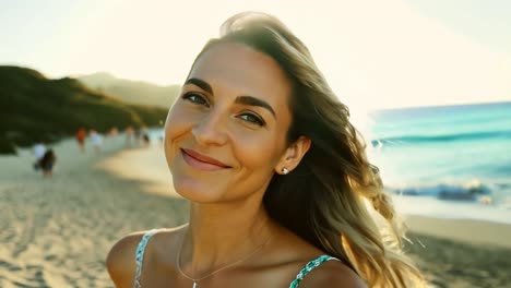 una hermosa mujer sonriendo a la cámara en la playa