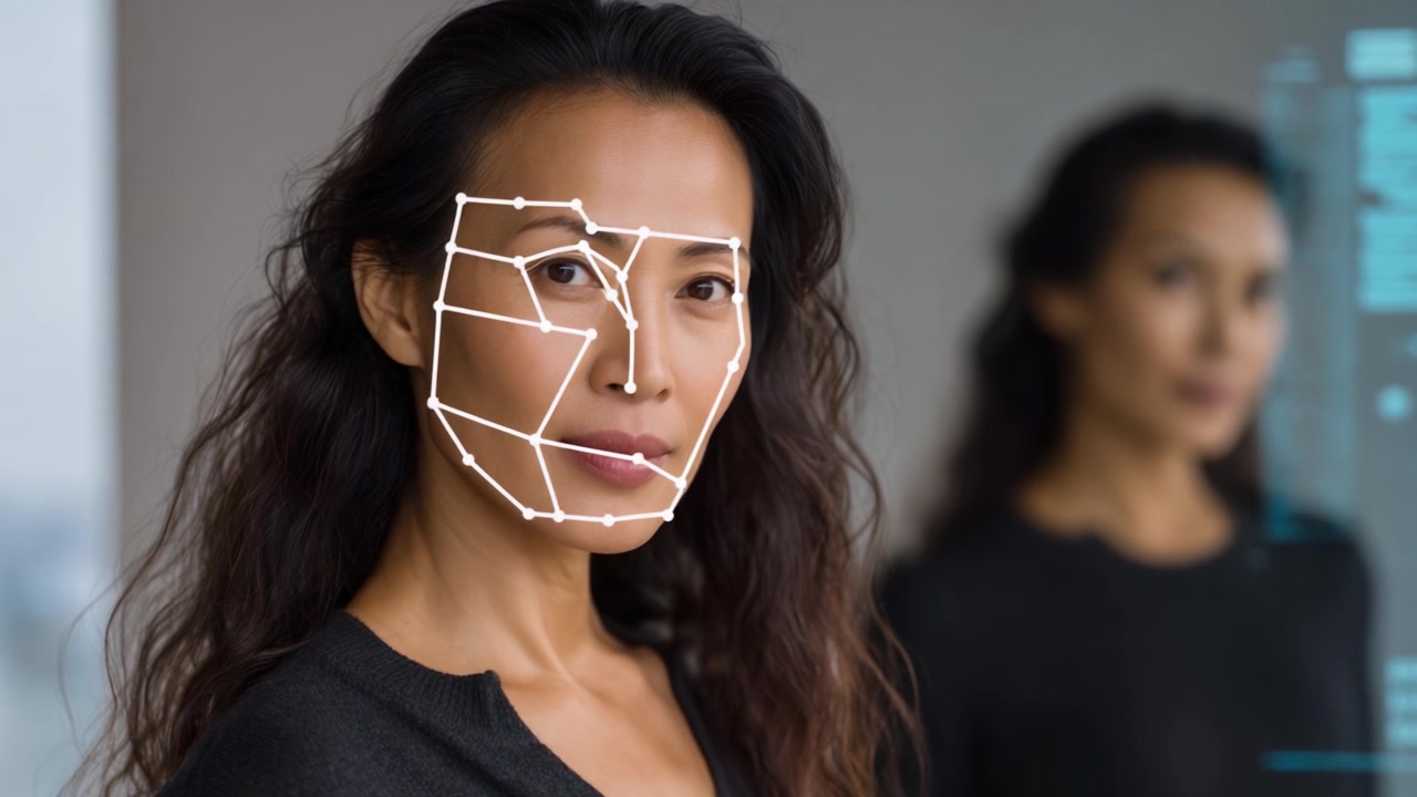 Exploring Advanced Facial Recognition Technology: A Close-Up Study of a Model Demonstrating Unique Facial Mapping Techniques in a Modern Environment