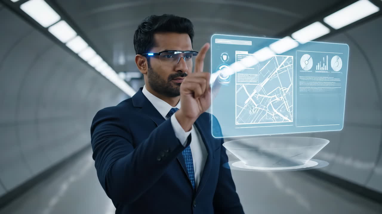 A businessman interacts with a futuristic digital interface using augmented reality glasses in a modern tunnel
