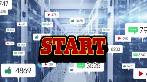 animation of start text and numbers growing over server room