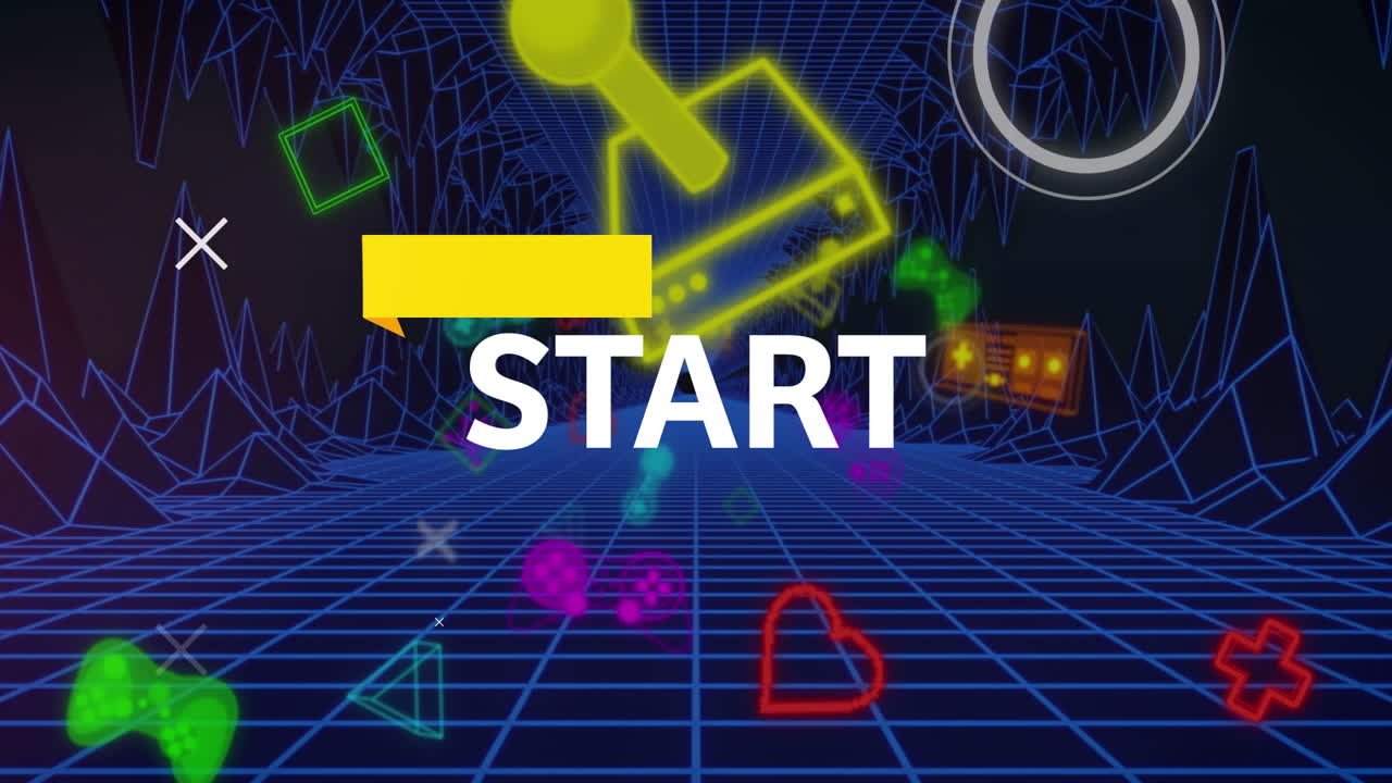 게임 아이콘과 디지털 터널 위의 시작 텍스트의 애니메이션