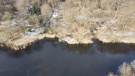 Epping-forest-pull-back-reveal-over-lake-ice-covered-lake-in-winter-aerial-4K