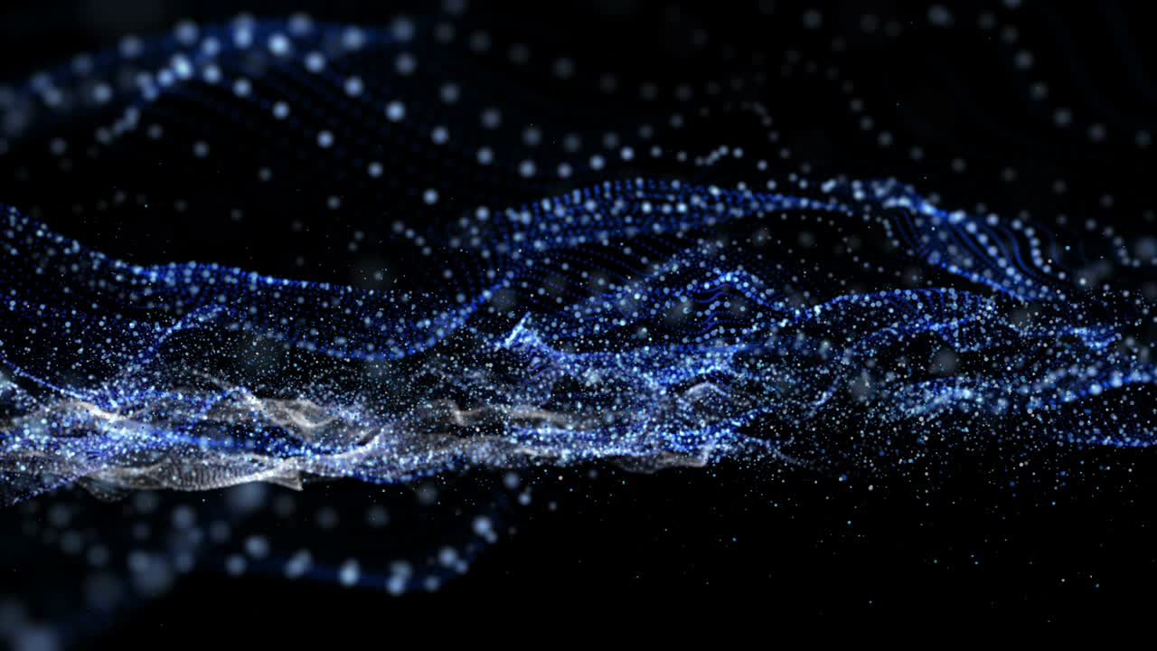Futuristic animation with wave object and glitter particles in slow motion, 4096x2304 loop 4K