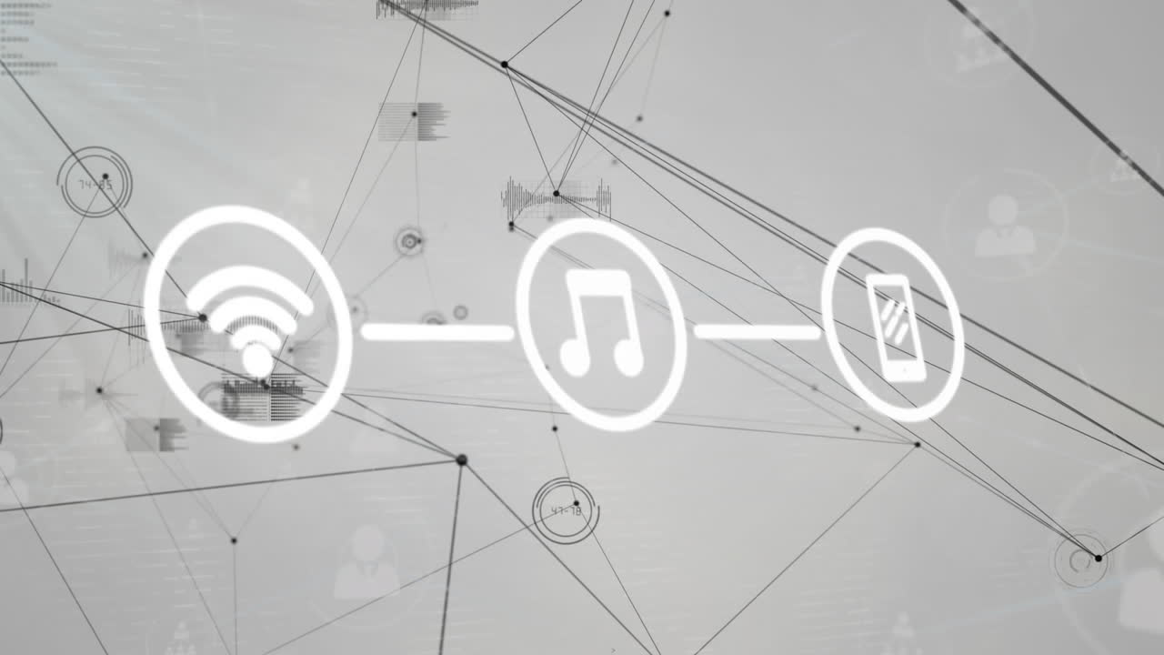 Animazione di una rete di connessioni con icone ed elaborazione dati su sfondo bianco.