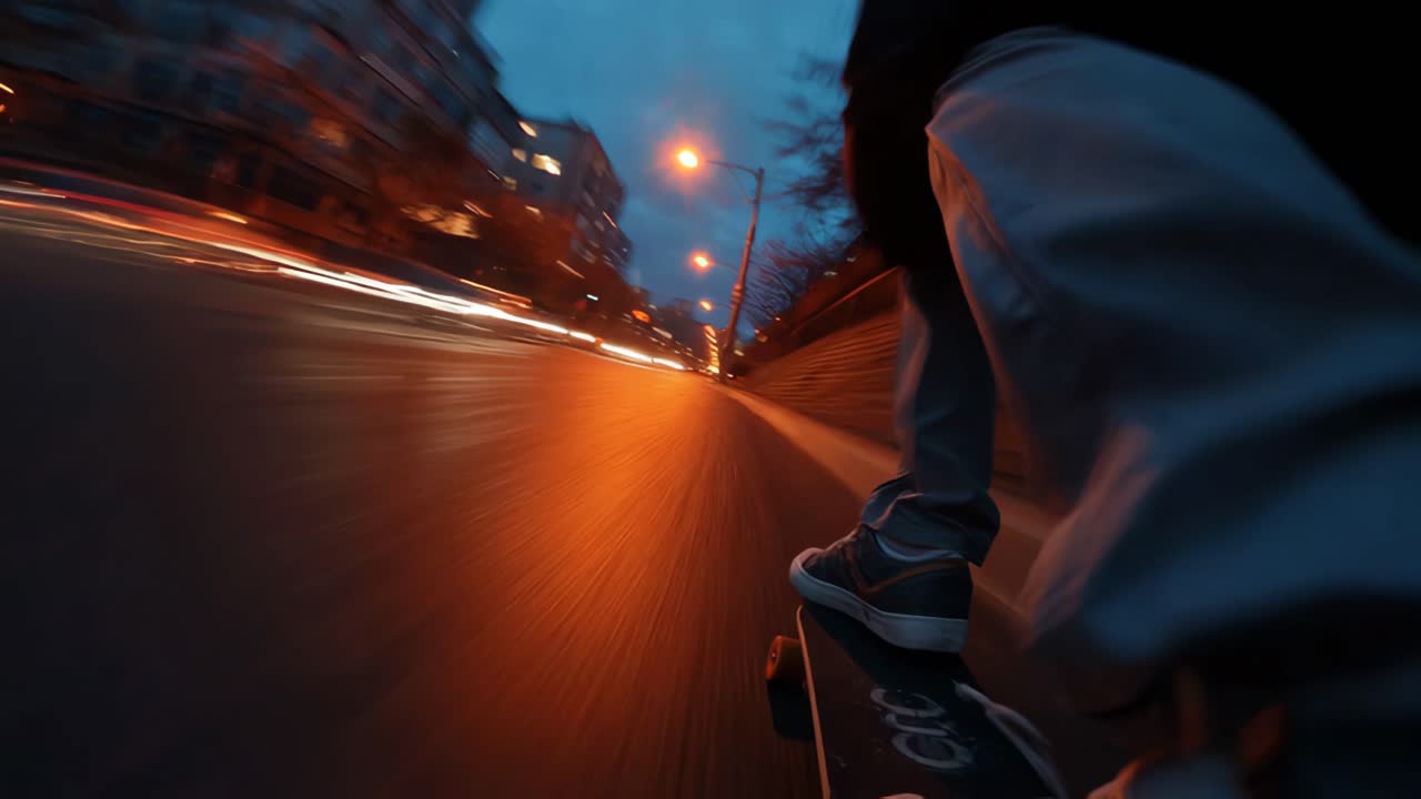Skateboarding through urban night lights a blur of motion
