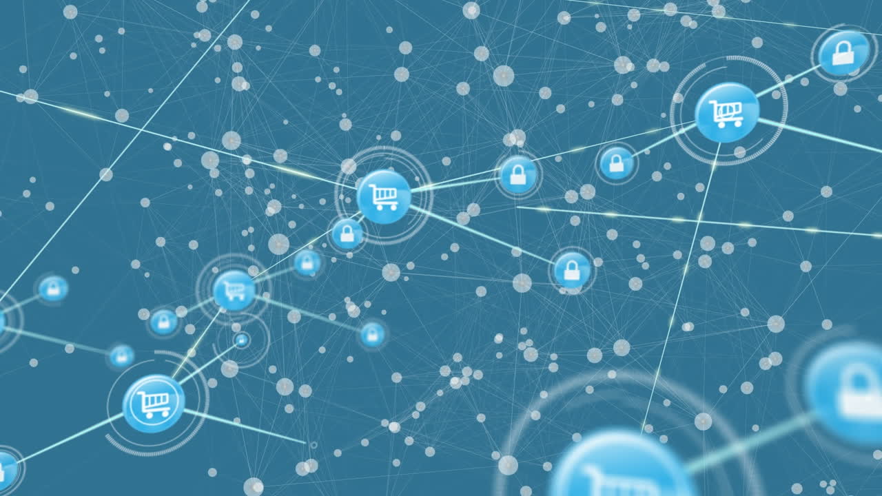 Animation of network of connections with icons on blue background