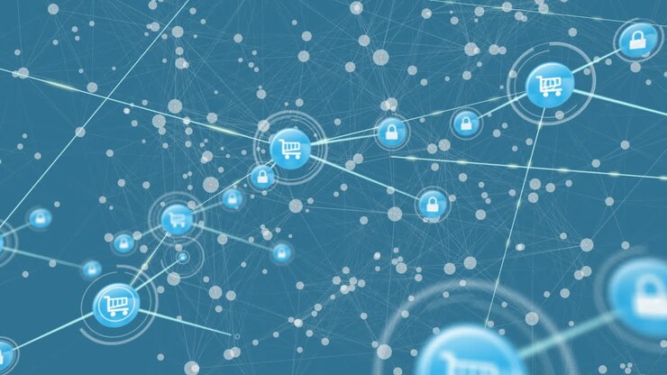 Animation of network of connections with icons on blue background