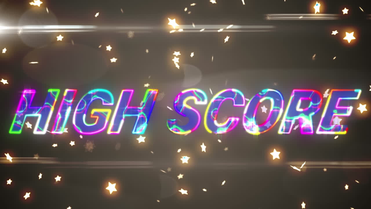animación de texto de puntuación alta y múltiples estrellas sobre fondo negro