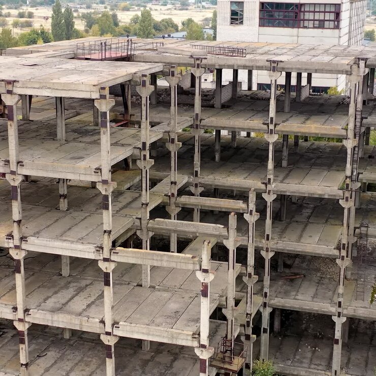 Zerstörte Industriegebäude in der Stadt. Luftaufnahme einer zerstörerischen, verlassenen Architektur