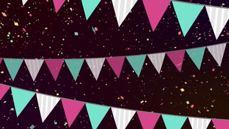 Animation-of-three-lines-of-colourful-bunting-flags-over-colourful-confetti-falling