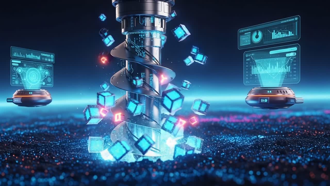 An Immersive Glimpse into a High-Tech Digital Universe, Showcasing a Central Spiral Structure Surrounded by Data Visualizations and Floating Digital Cubes