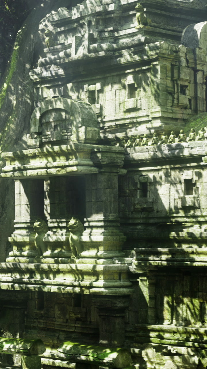 Ancient temple surrounded by lush greenery in a mystical forest setting