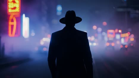 man in hat walking down a neon-lit city street at night