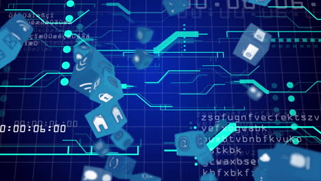 animation of data processing and icons over network of connections