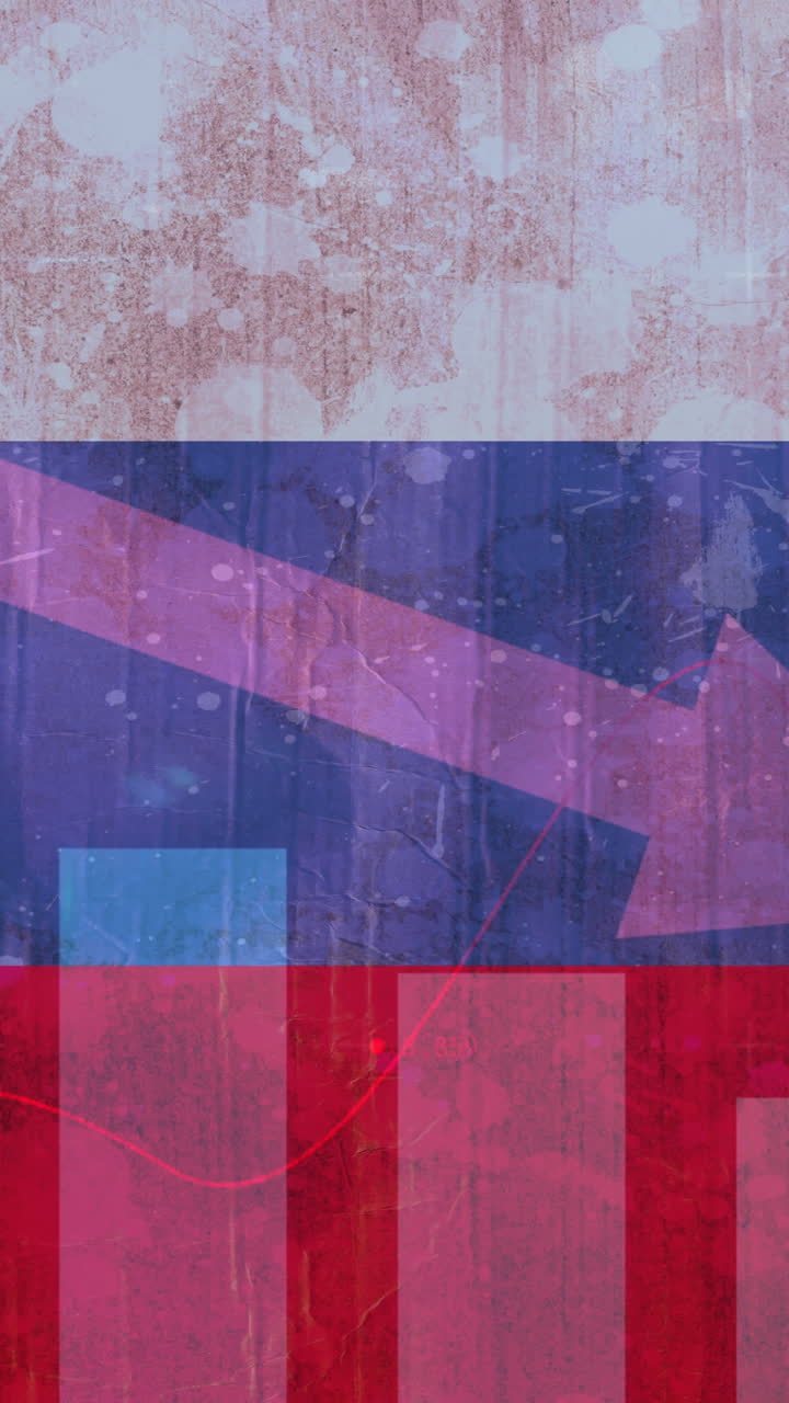 animación de flecha cayendo hacia abajo, gráficos y datos financieros sobre la bandera de rusia