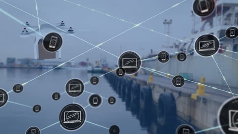 red de iconos digitales y avión no tripulado que lleva una caja de entrega contra el puerto