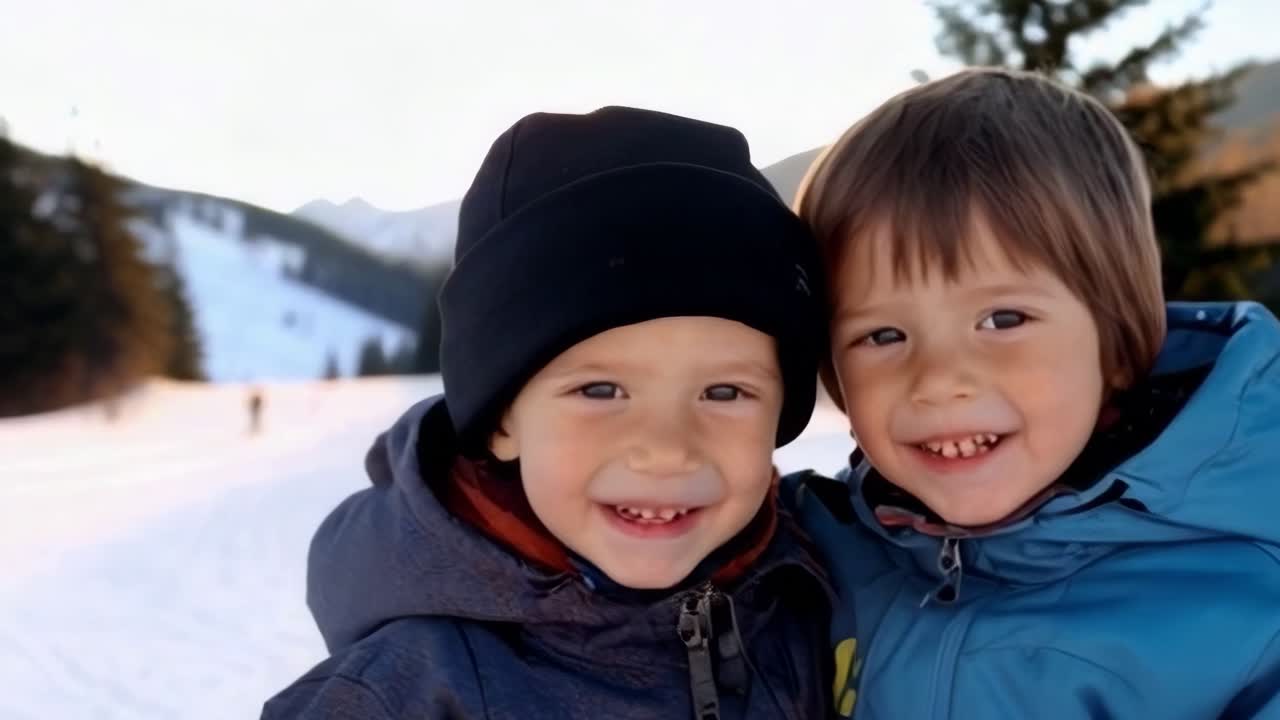 Two happy boys in the snowy mountains