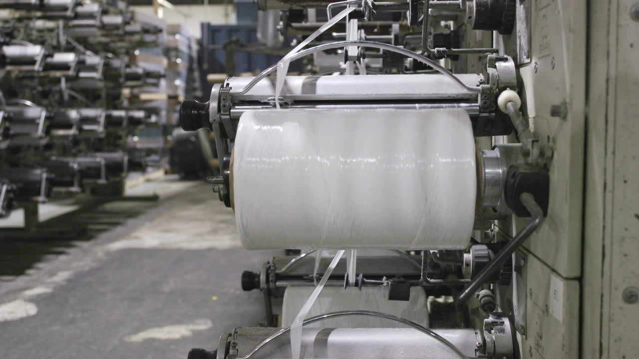 공장 에서 고무 가닥 을 스풀 에 굴리는 기계 의 느린 동작 영상