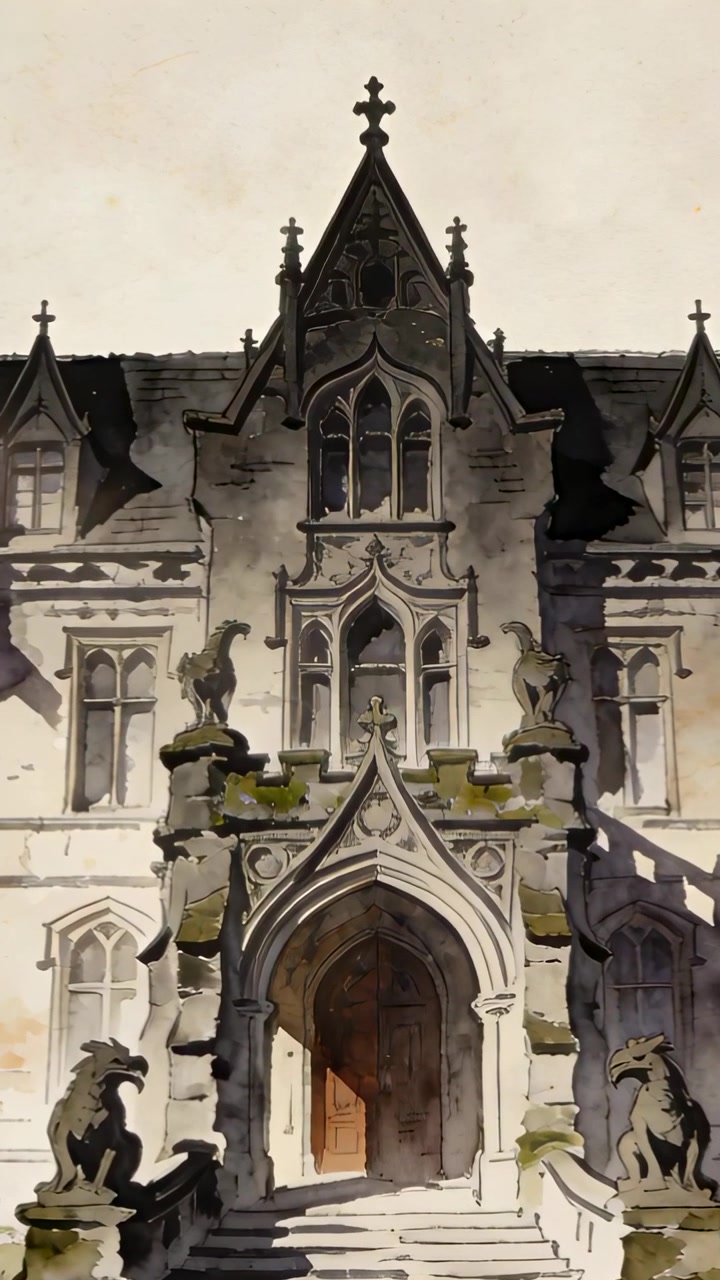 Video verticale: Carrello della telecamera che avanza e si inclina verso l'alto su un ingresso gotico, rivelando gargoyle.