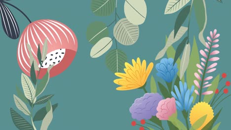 animation of foliage and colourful flowers moving on azure blue background