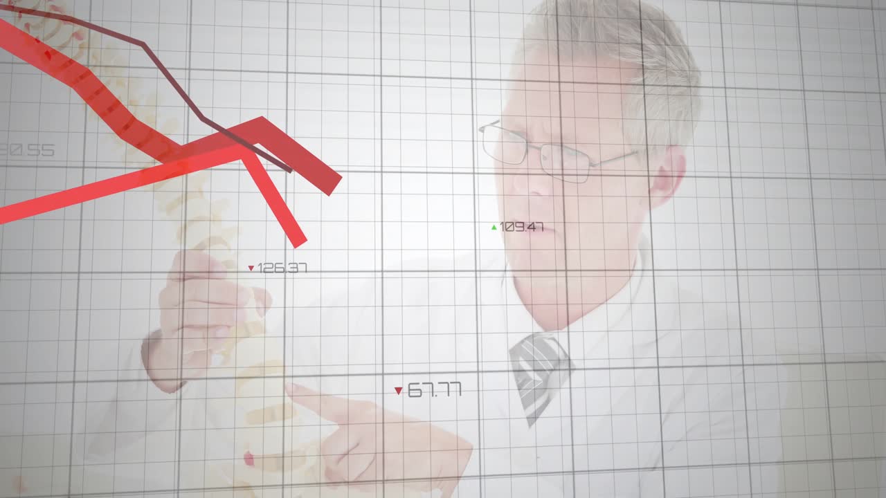 Graph dip motivating doctor examining spine model and tracking red graph reversal over clear grid