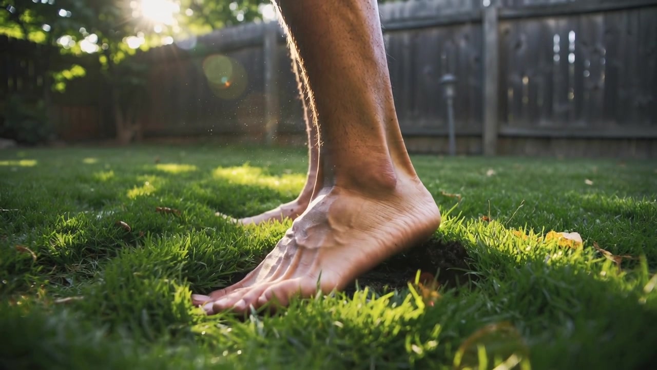 Shifting bare feet and lower legs pressing forward on backyard lawn, lifting heel, displacing turf