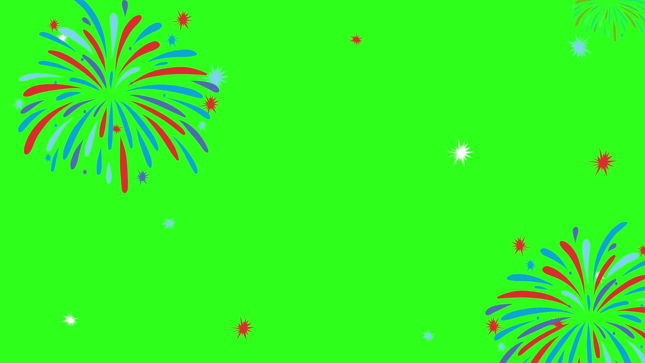 Colorful fireworks burst dynamically against a bright green backdrop, creating a lively and festive atmosphere