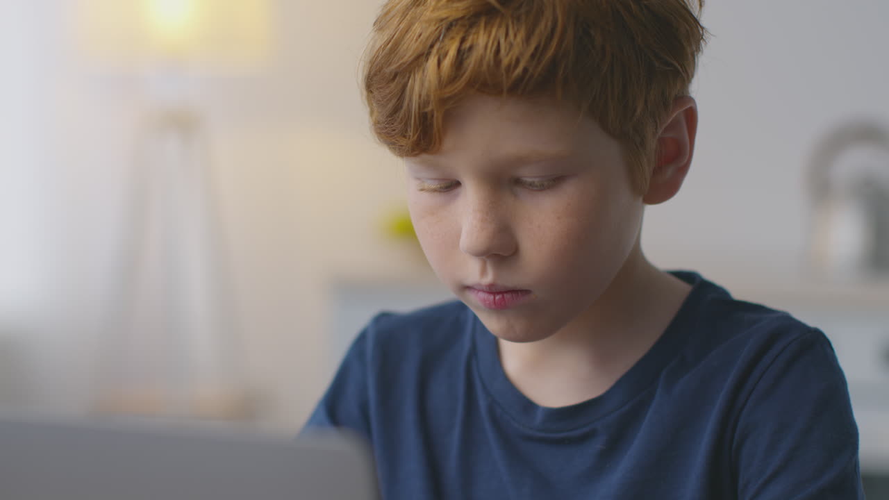 노트북에서 일하는 어린 소년