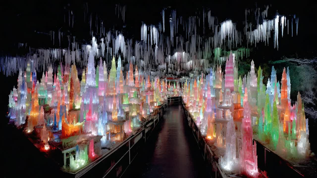 Vibrant Ice Fortress: A Breathtaking Display of Colorful Illuminated Ice Sculptures in a Serene Cavernous Wonderland