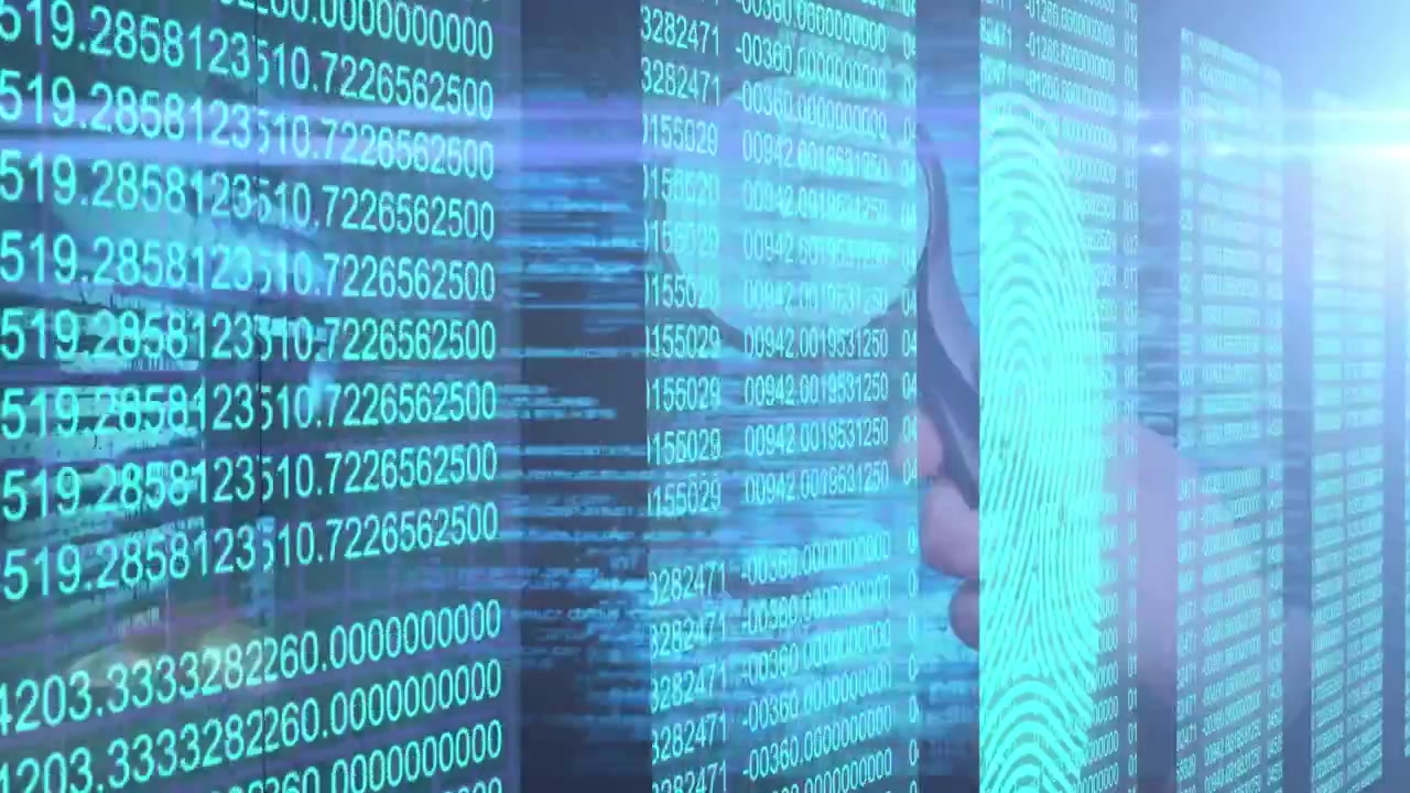 Animation of data, lights, fingerprint and hands of caucasian man with magnifier