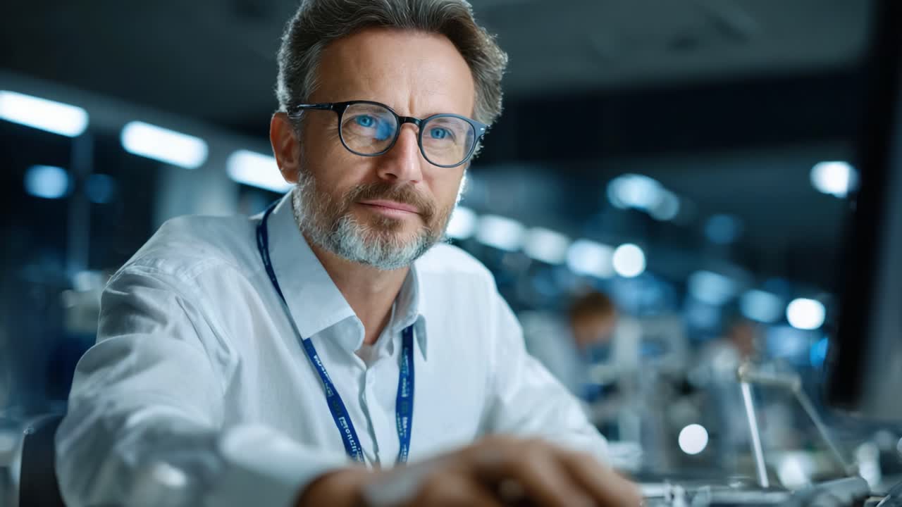 Focused professional working intently at a computer in a modern office environment, showcasing concentration and expertise in a high-tech setting
