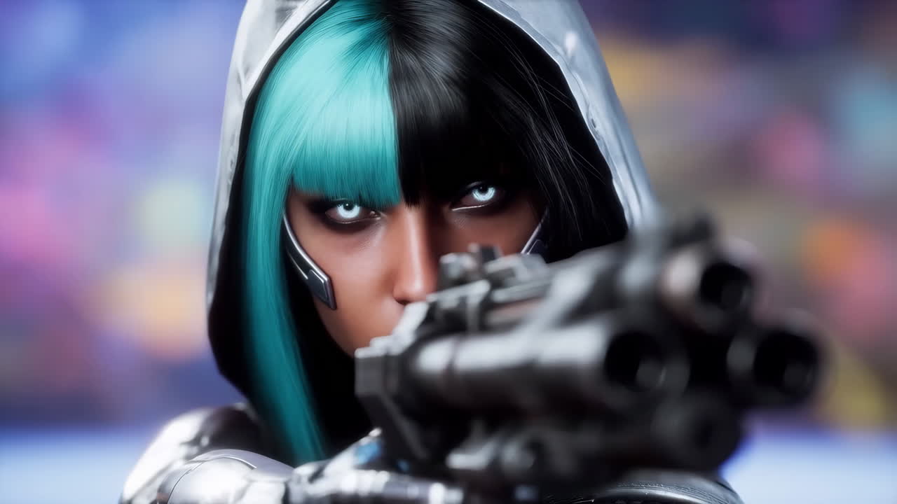 Futuristic Hooded Character with Dual-Toned Hair and Glowing Eyes Aiming a Weapon