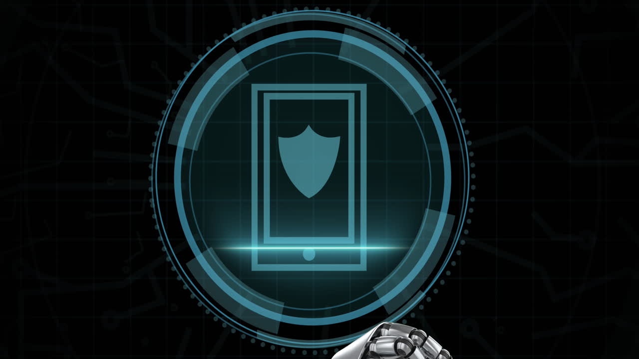 animación del icono digital del escudo y procesamiento de datos con brazo de robot sobre fondo negro