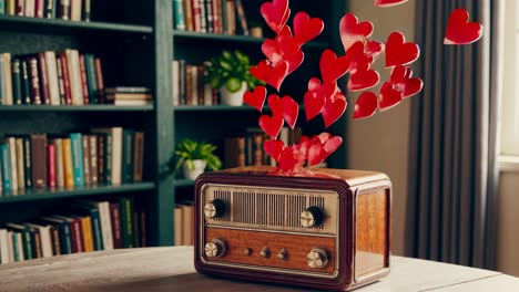 radio vintage con corazones cayendo en una biblioteca