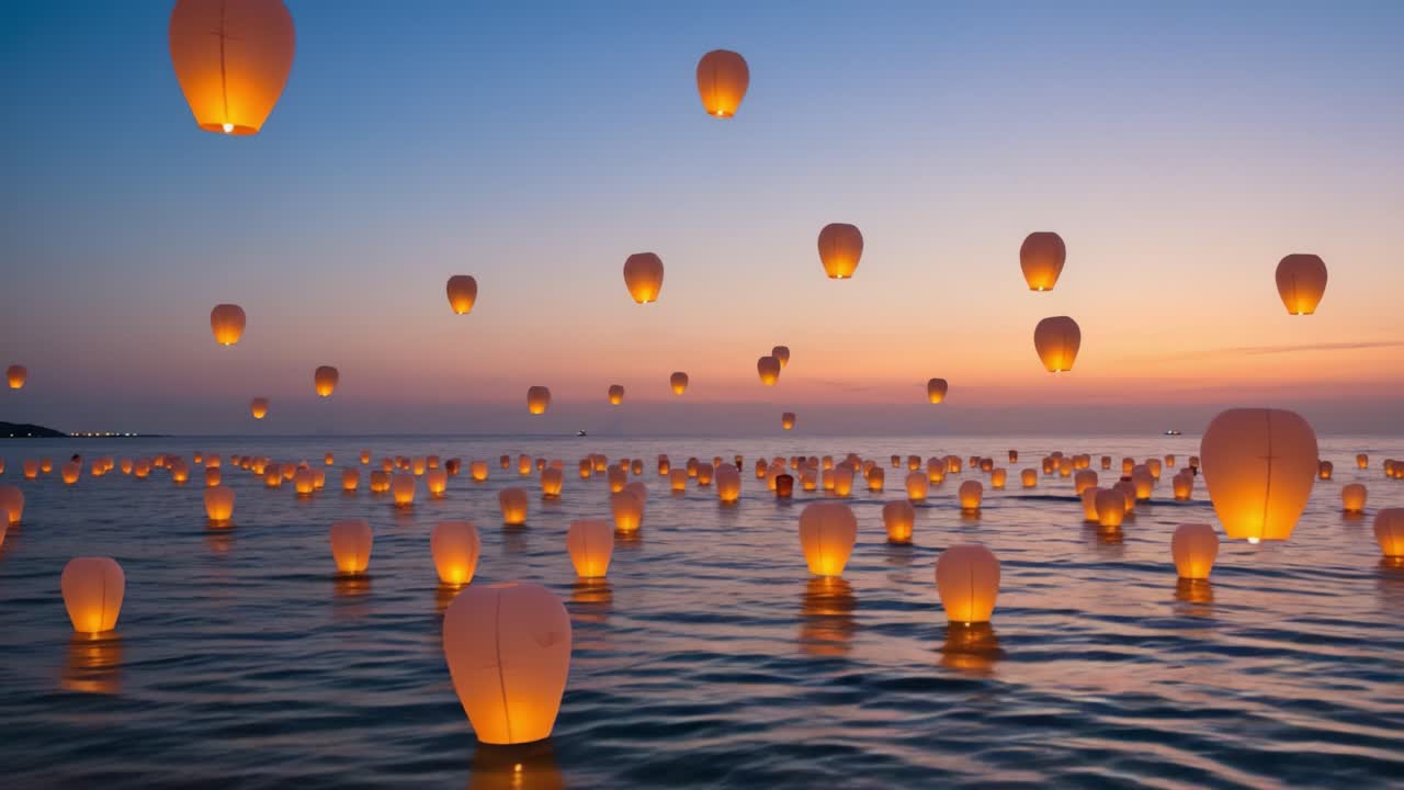 An Enchanting Evening of Floating Lanterns: A Serene Display Over Water Against a Breathtaking Sunset Sky