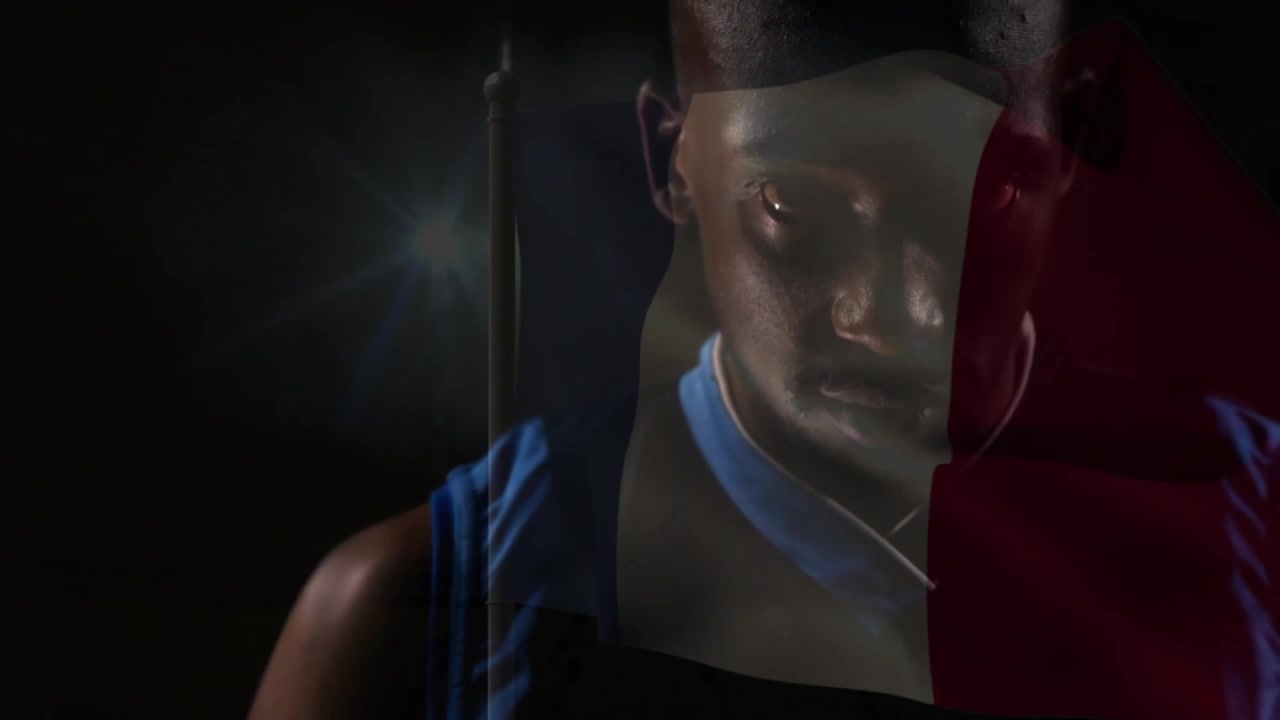 Basketball player gripping ball on sports set starting flag peel animation revealing intense gaze