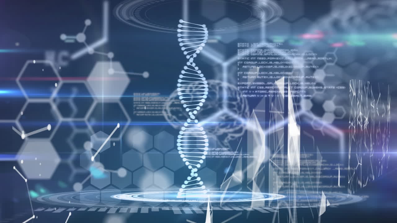 Animation of dna strand, medical data processing and chemical formulae on blue background