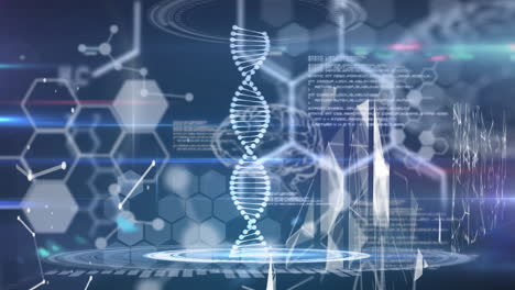 animation of dna strand, medical data processing and chemical formulae on blue background