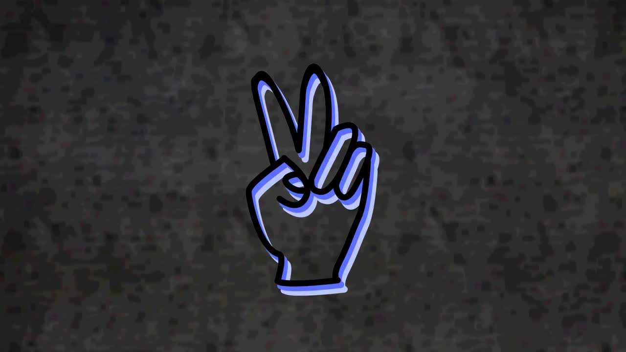 animación del signo de la mano de la victoria en fuente de neón parpadeando sobre un fondo gris