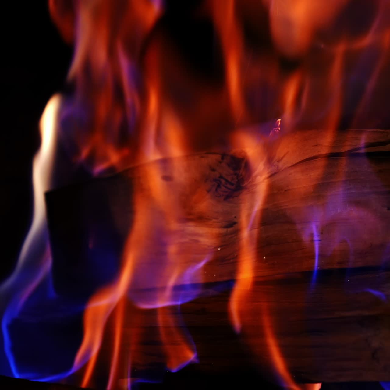 Blå og orange flamme over træ. Ild tændt i en pejs. Levende flamme på sort baggrund. Brændende træstammer. Nærbillede