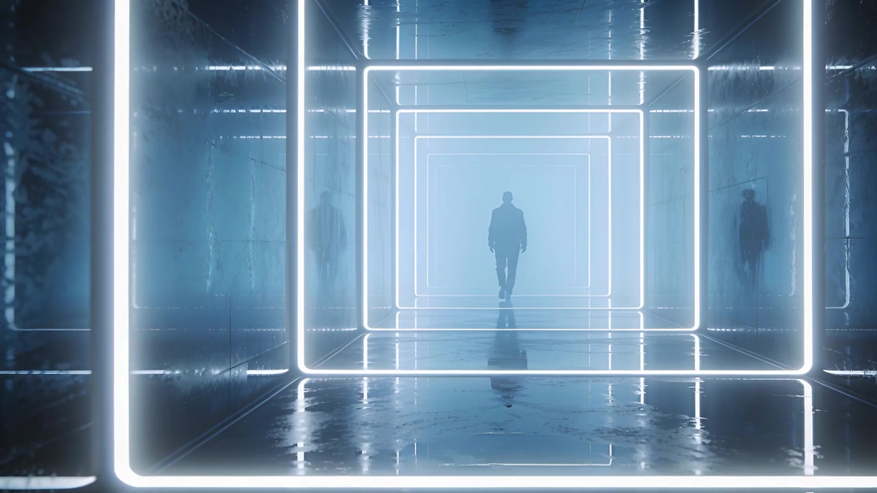 Stepping suited man coming toward camera with purposeful stride through neon tunnel, wet floor