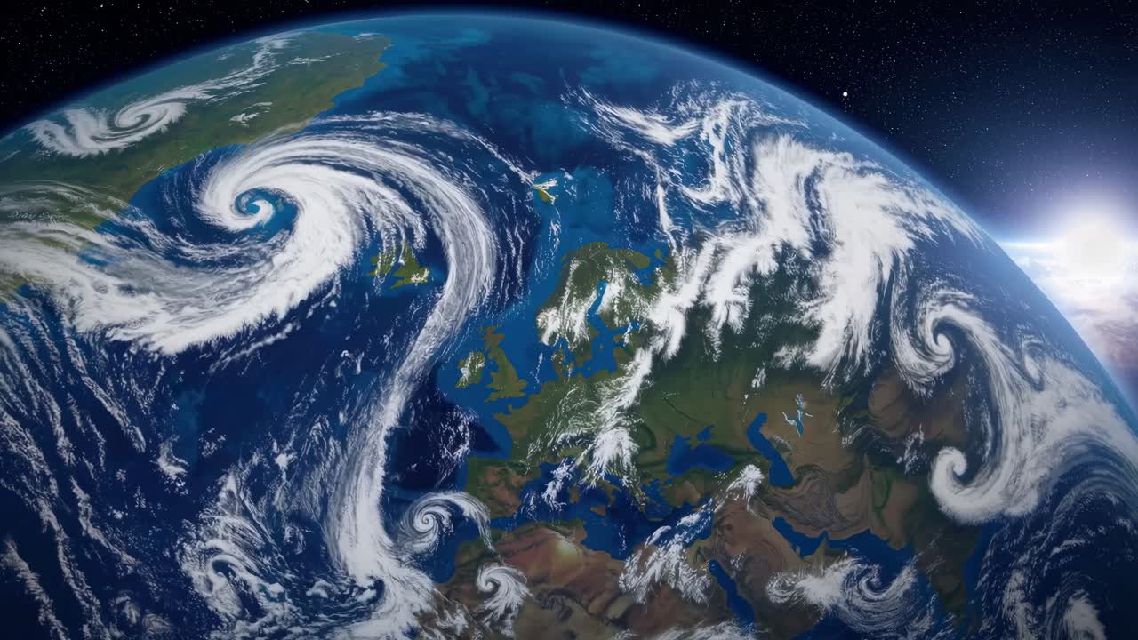 宇宙から見た地球の、渦巻く雲を鮮やかに映し出す素晴らしい動画コンセプト