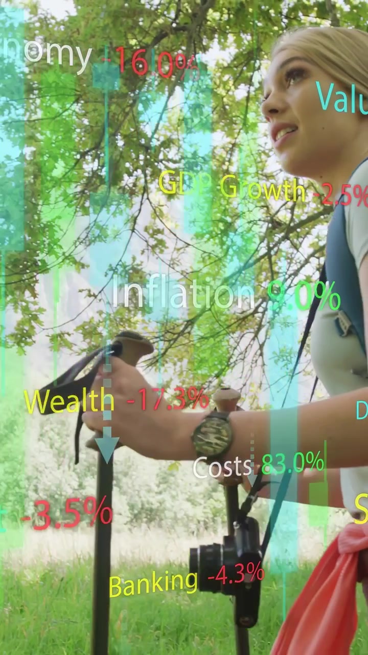 Vertical video: Hikers pausing under oak, scoping while cam shifting left finance bars floating